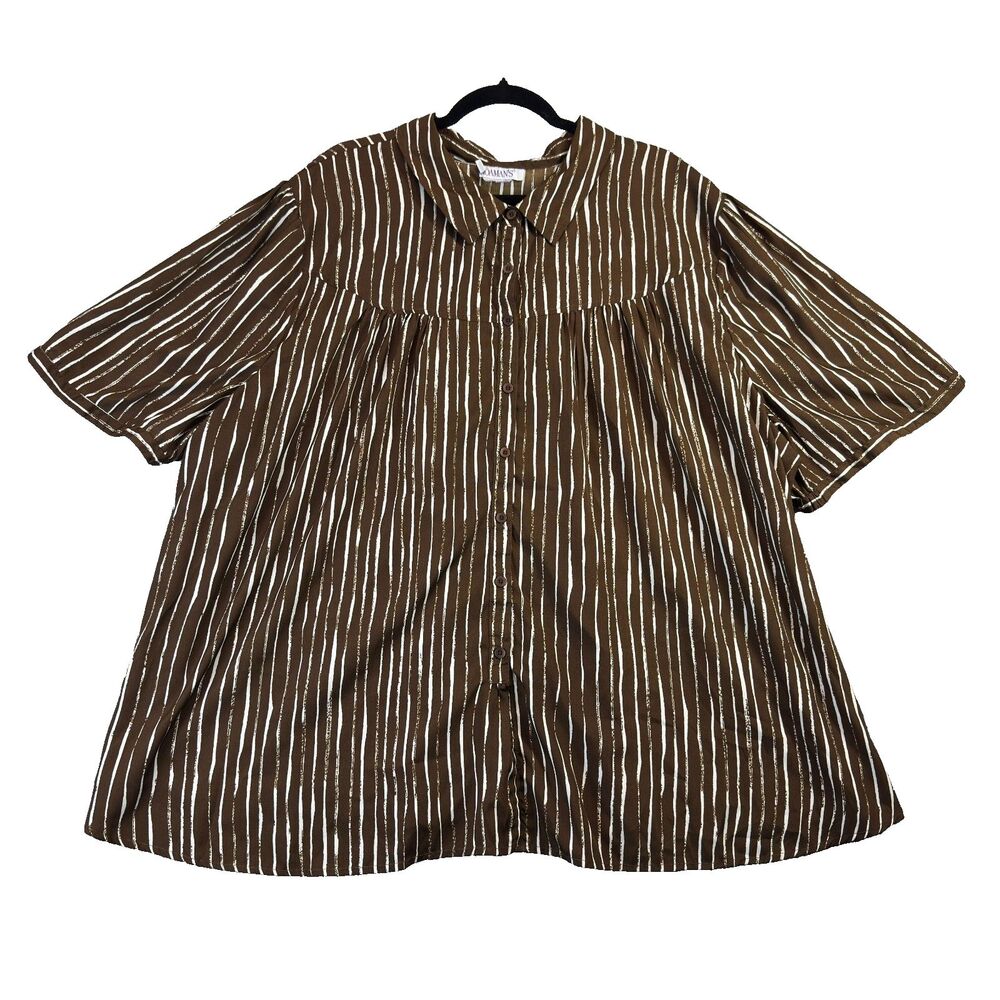 Romans Shirt Womens 4X Brown Stripes Short Sleeve Button Up Plus Size Office Top